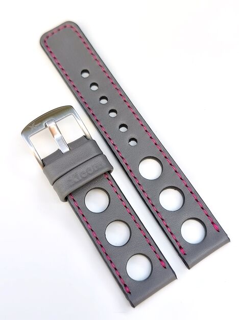 Pasek szary skórzany Rally 22 mm (z przeszyciem magenta)